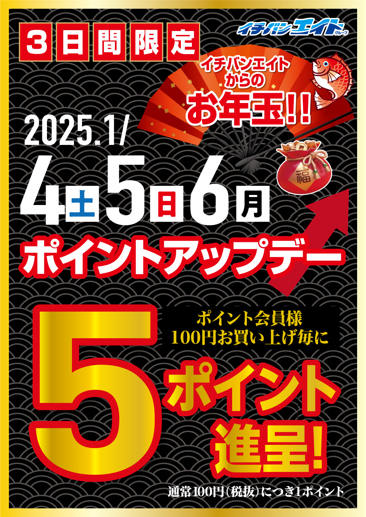 イチバンエイトからのお年玉！ポイントアップデー。100円（税抜）お買い上げ毎に通常1ポイント進呈のところ、5ポイント進呈いたします。